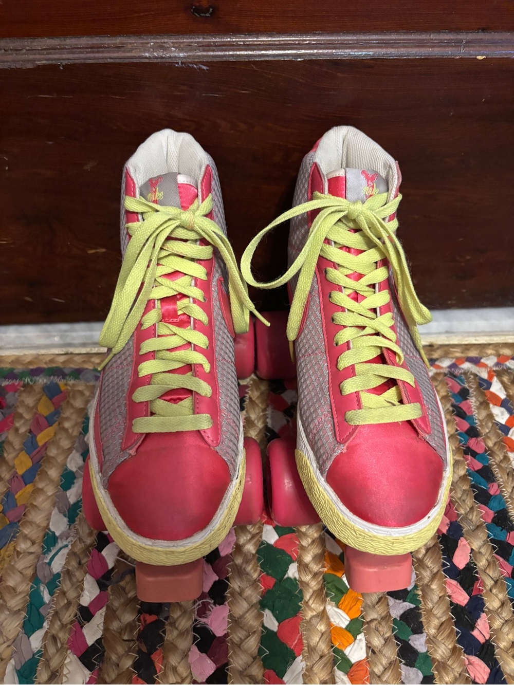 Nike Women's Pink Roller Skate Sneakers with Yellow Laces